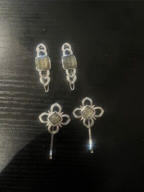 Vintage Style Silver Tone Green Rhinestone Hair Pins Clips Set of 4